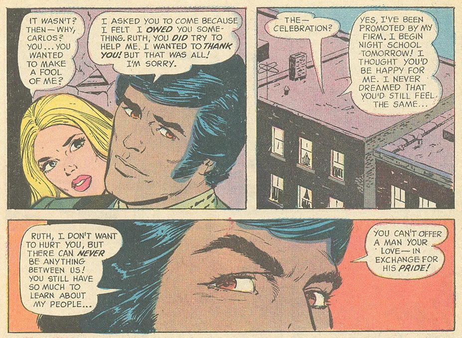 "The Wall Between Us" Young Romance #175 (October 1971) Pencils: Art Saaf, Inks: Vince Colletta Interracial romance diversity hispanic characters