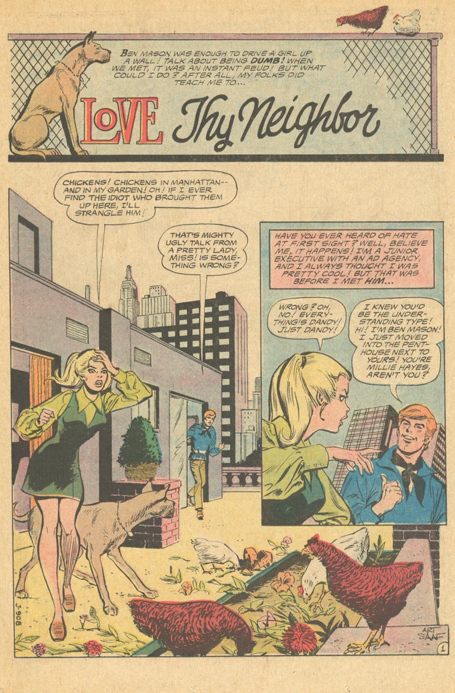"Love Thy Neighbor" from Girls' Love Stories #157 (February 1971) Puppy Love story Art Saaf