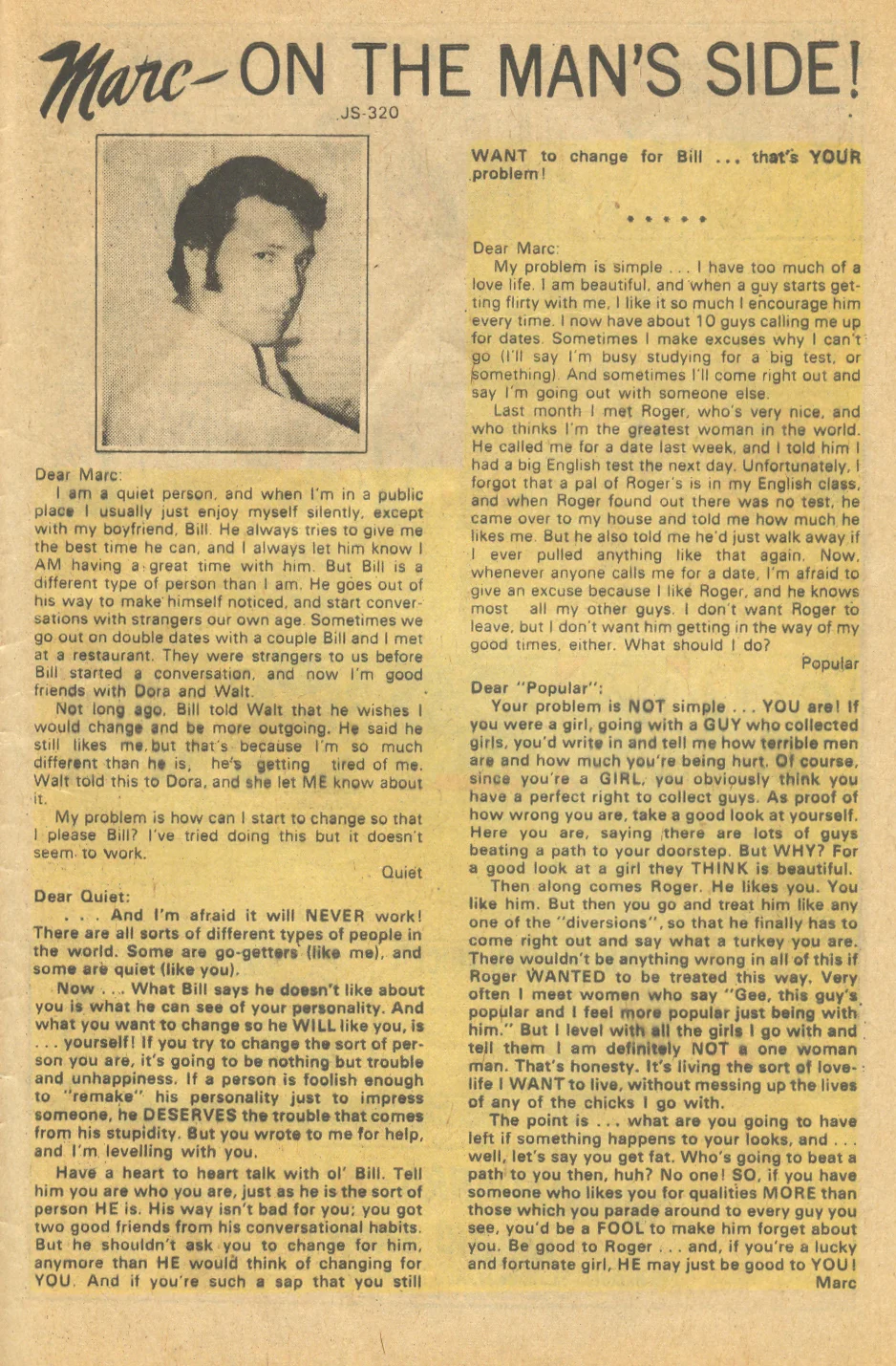 Original comic book advice page romance comics history Marc on the Man's Side