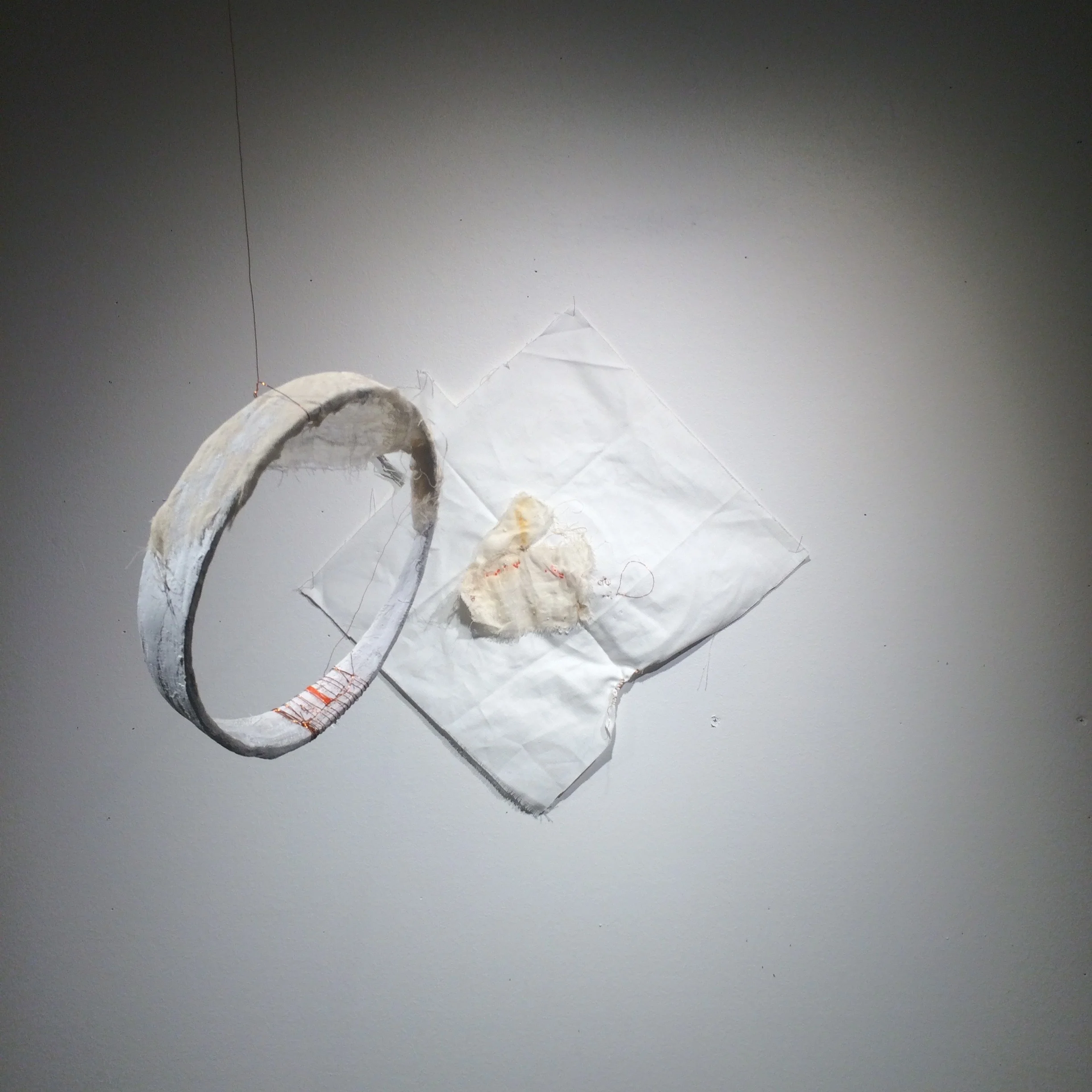 Untitled (look through), 2016. Cardboard, fishing line, copper wire, acrylic paint, cloth, rust, yarn, thread. Dimensions variable.
