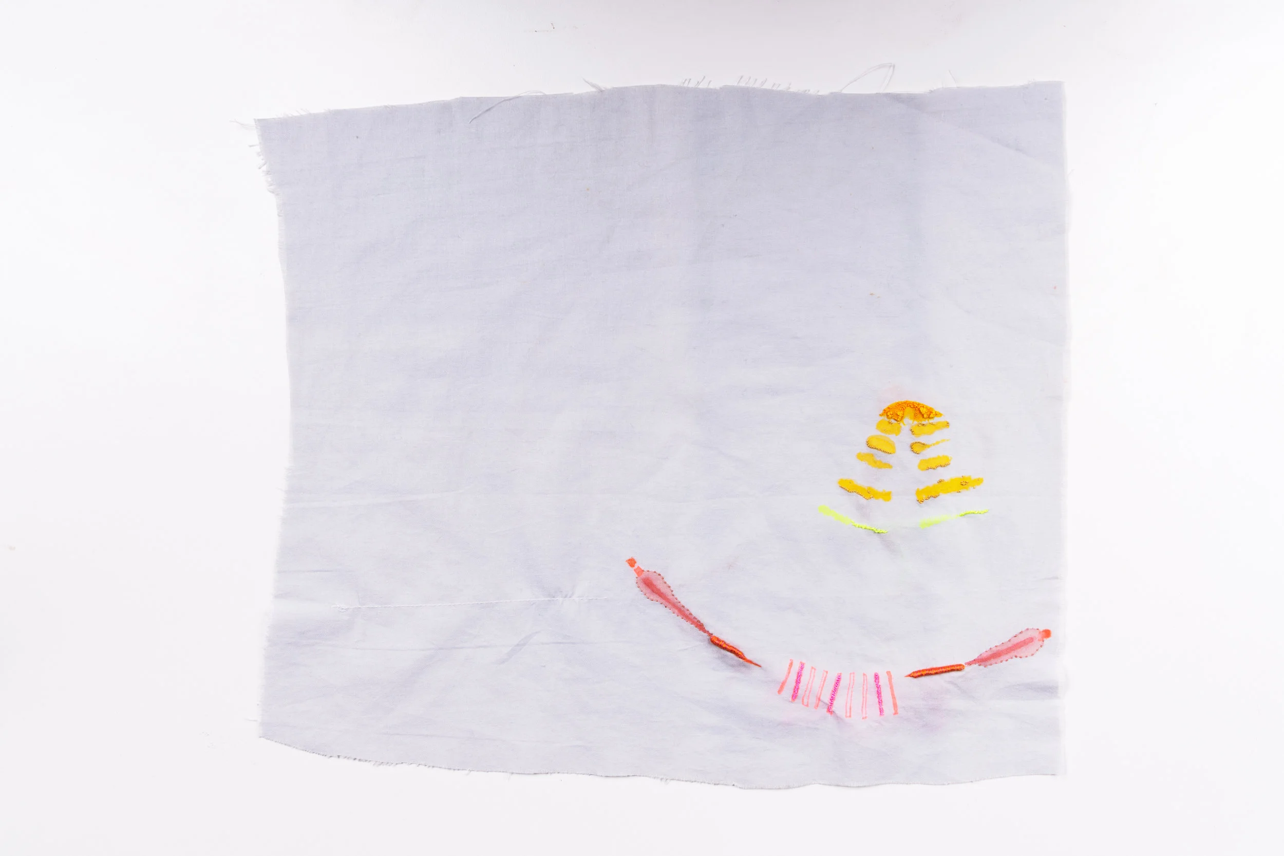 Planing, 2018. Watercolor, marker, embroidery thread, cloth, 11 x 14 inches.
