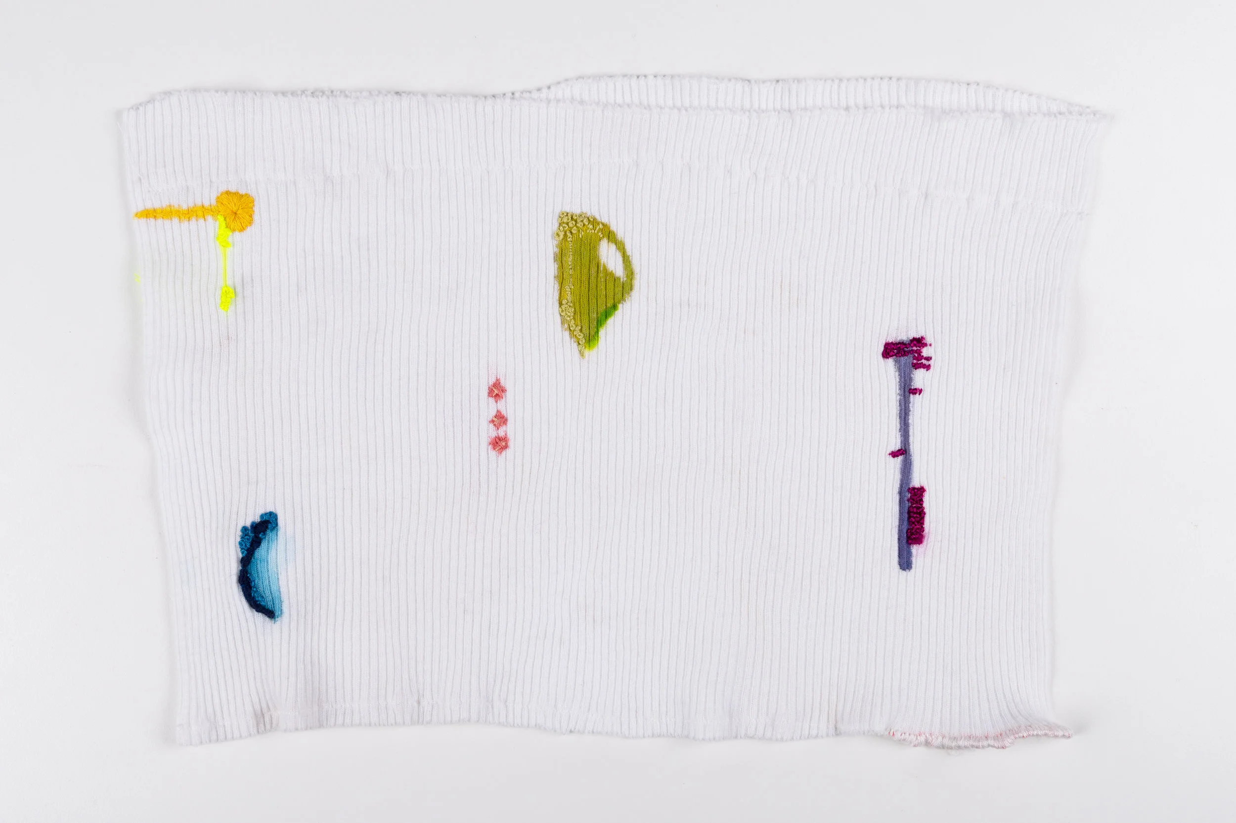 Fitting too, 2018. Watercolor, marker, embroidery thread, cloth, 8 x 13 inches.