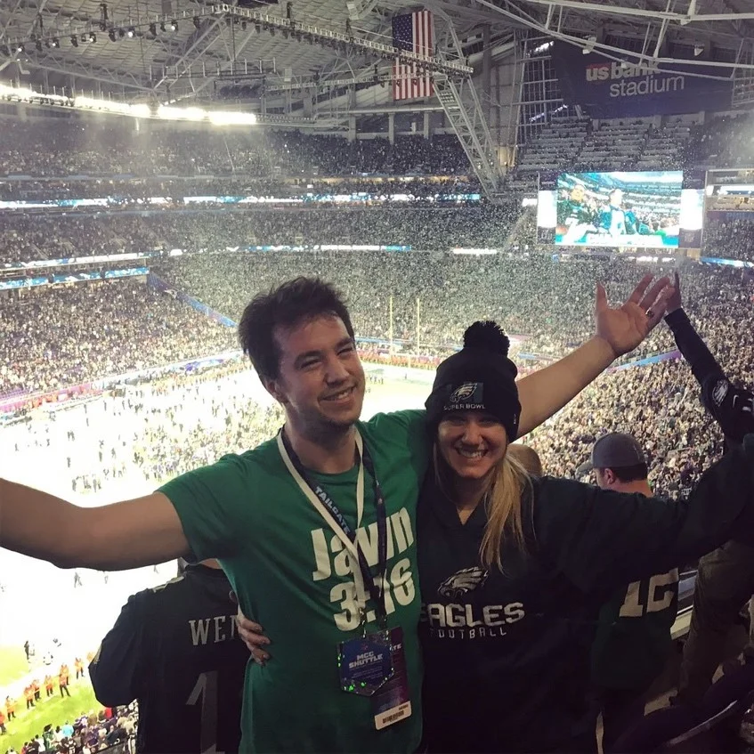 Kristin and her brother following the Eagles win at Super Bowl LII in Minnesota.