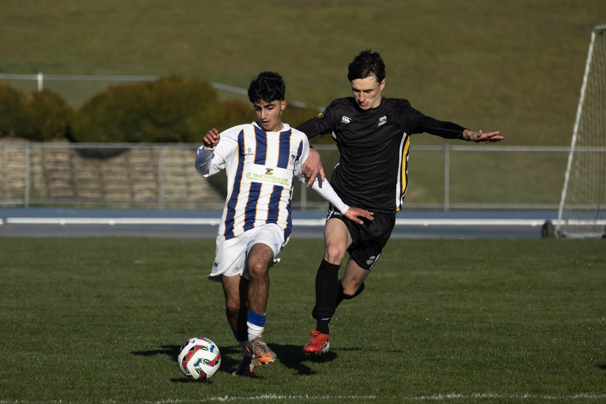Two football players contest the ball during a match