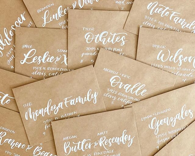 White brush calligraphy mixed with pointed pen sans serif makes for some gorgie-porgie craft envelopes! Envelope turn around is currently at 3 weeks, pricing starts at $3.25 per envelope for main addresses. If you&rsquo;re looking for a more formal s