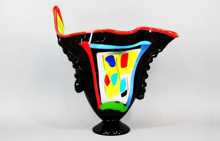 Black shoulder vase with fused abstract glass