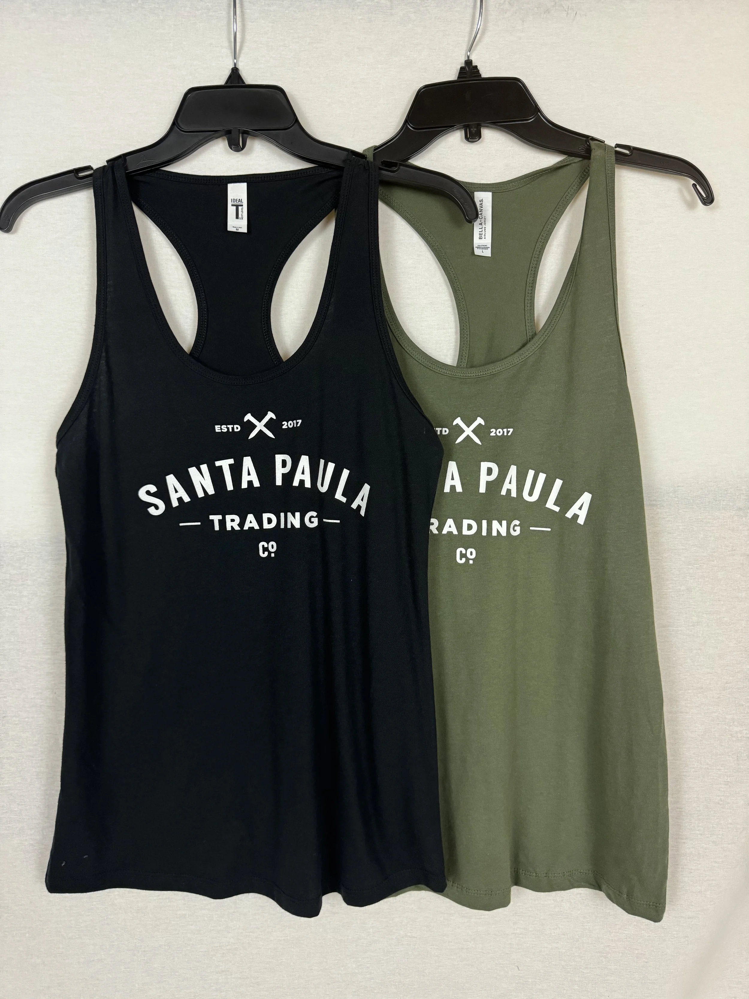 Santa Paula Trading Co women's racer back tank front view in Black and Military Green