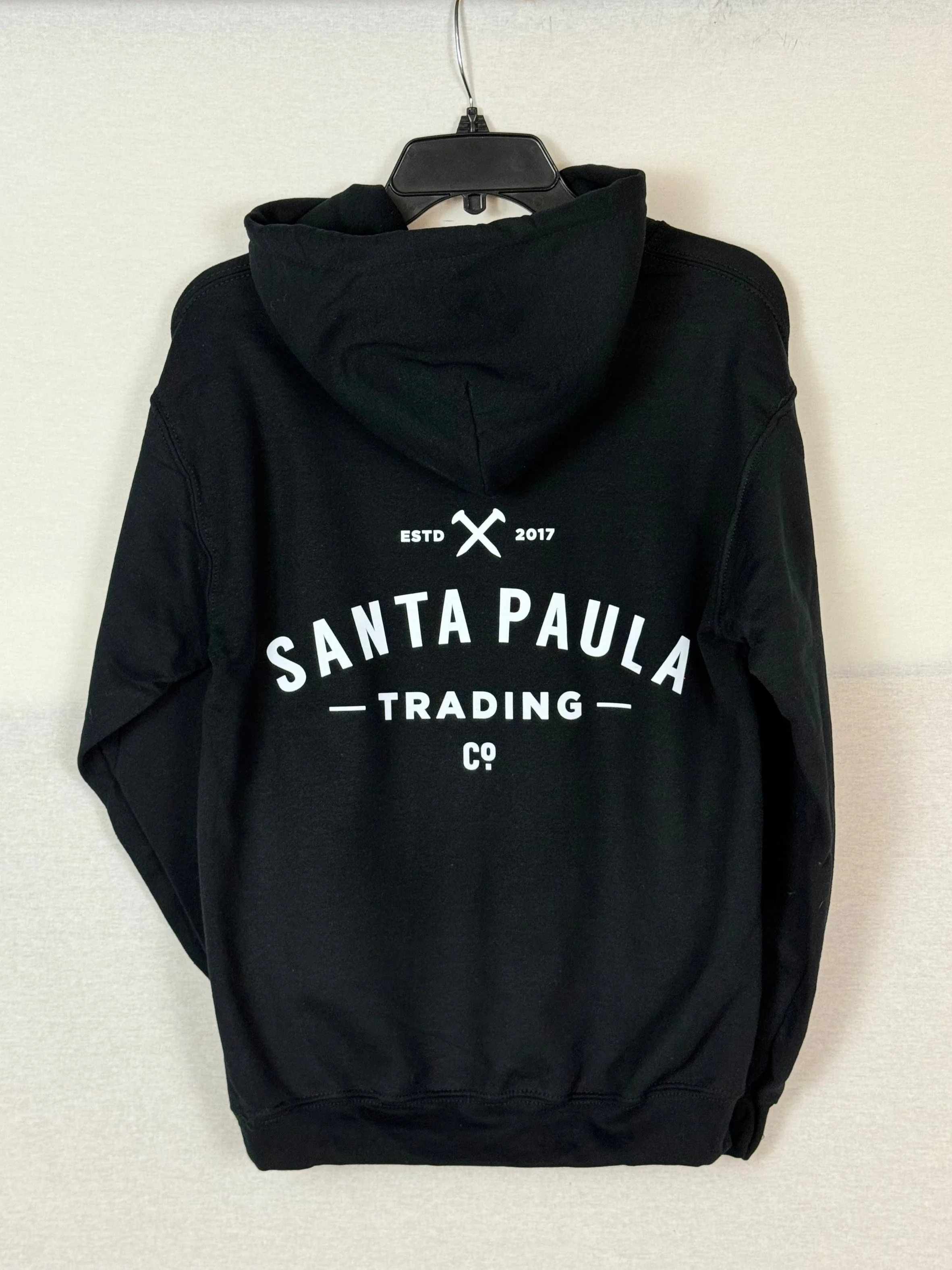 Santa Paula Trading Company unisex hoodie rear view with SPTC full logo in Black