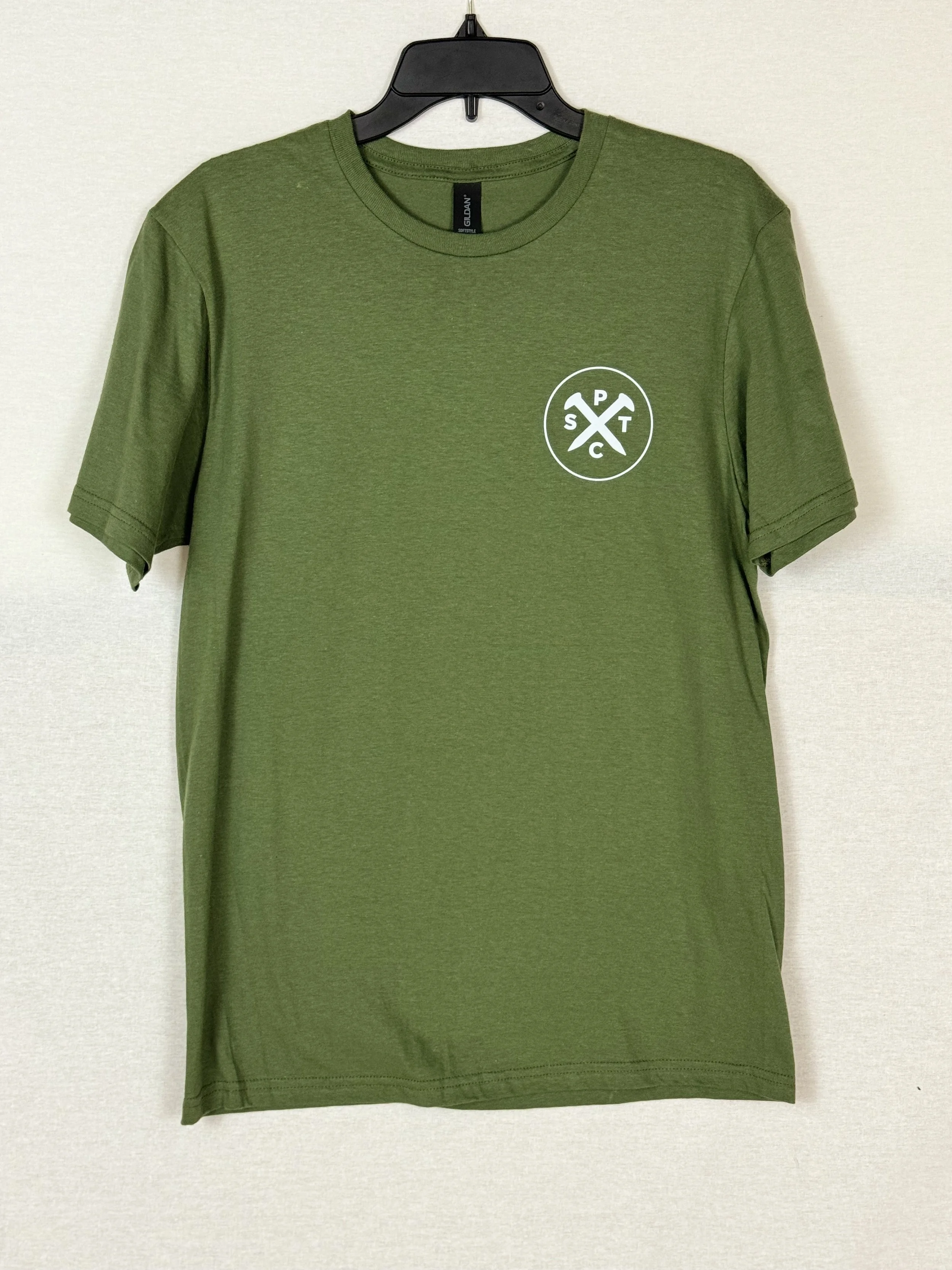 Santa Paula Trading Company unisex Tshirt front view with SPTC circle logo on front left chest in Military Green