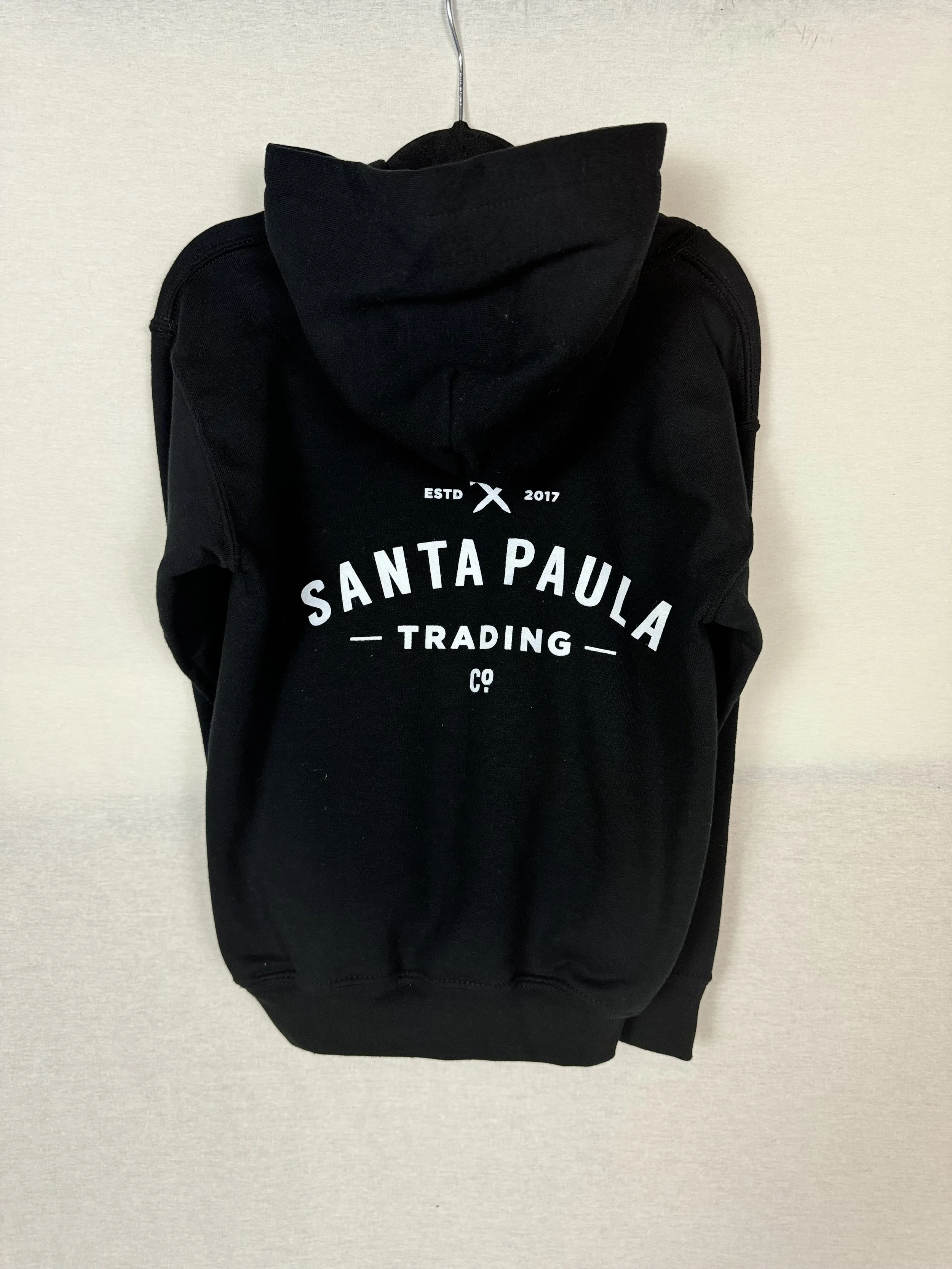 Santa Paula Trading Co Youth hoodie rear view with logo on back in Black