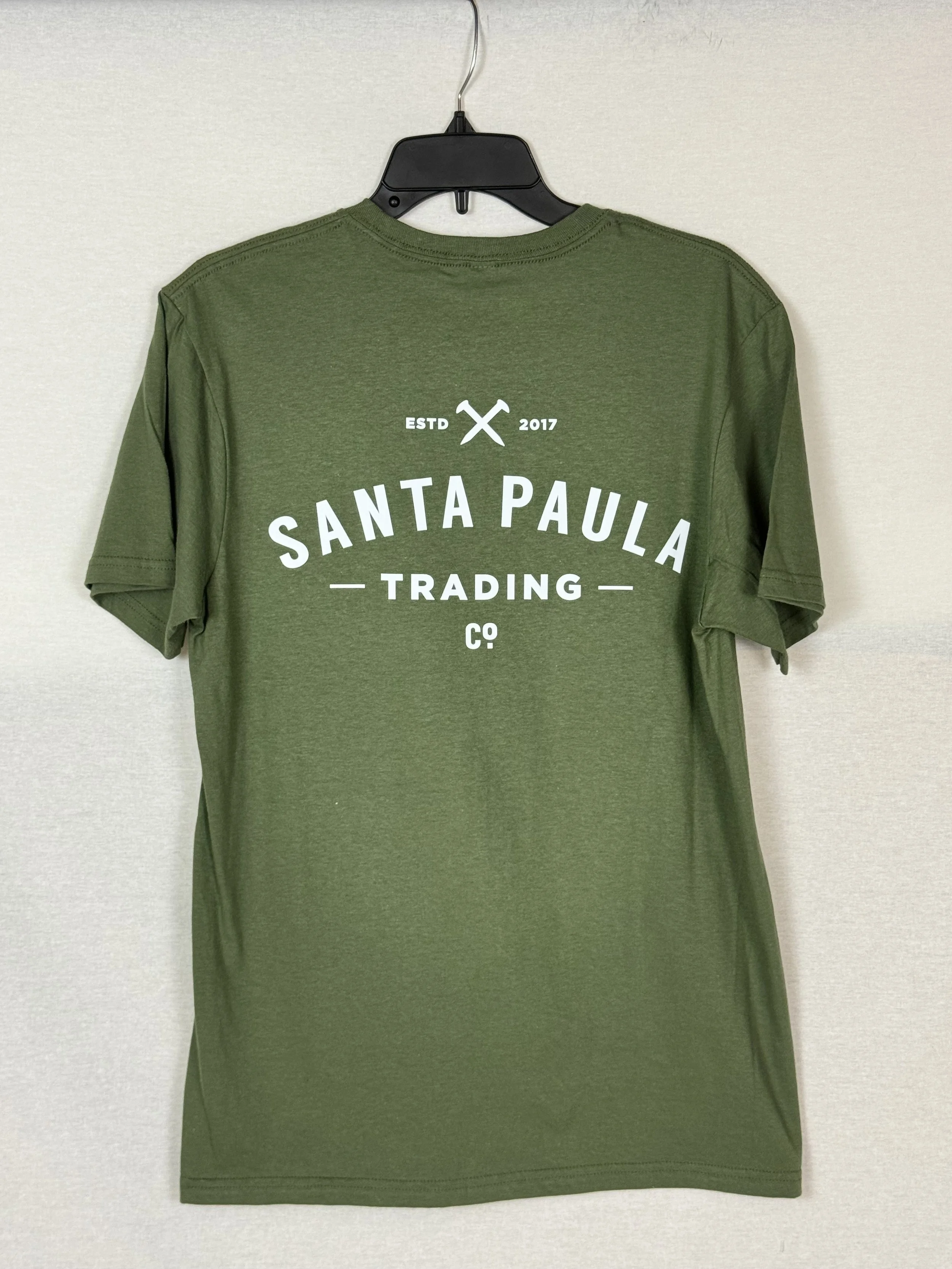 Santa Paula Trading Company unisex Tshirt rear view with SPTC full logo in Military Green
