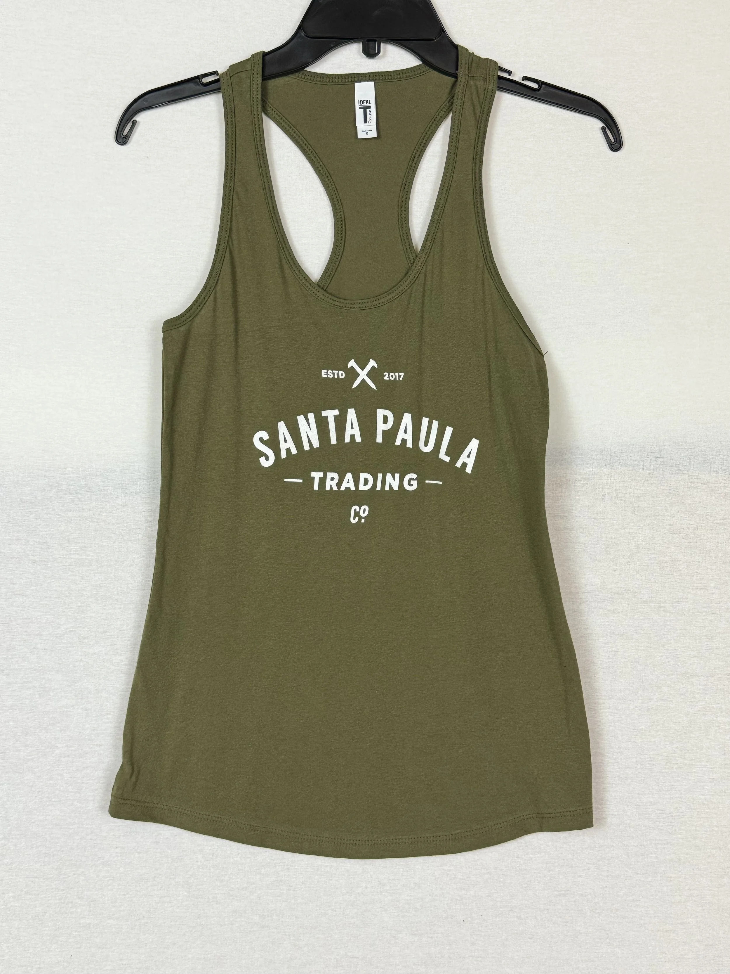Santa Paula Trading Co women's racerback tank front view with full logo in Military Green