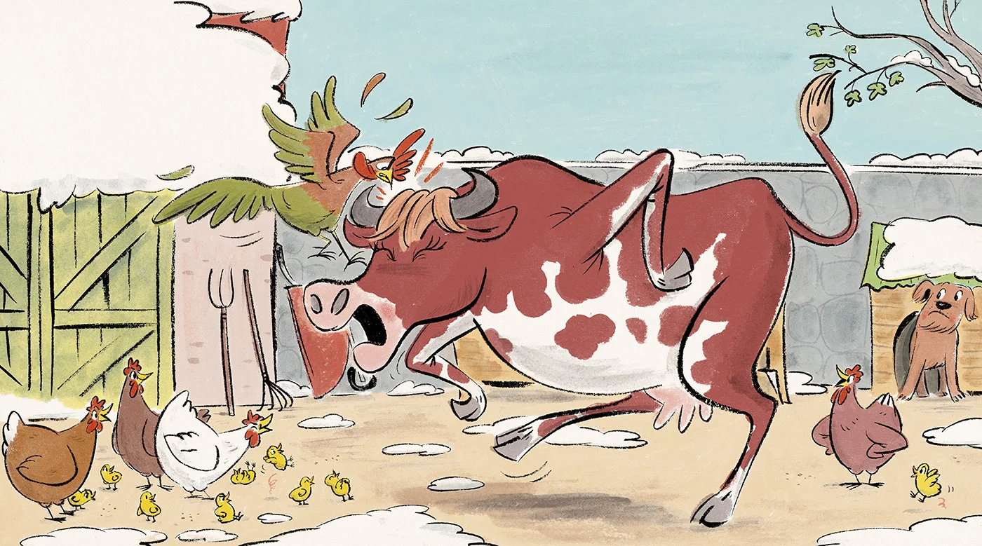 From 'Cloche, La vache qui croyait être une poule,' WRITTEN BY SÉBASTIEN AMMI Les Belles Histoires February 2016 Bayard Press.