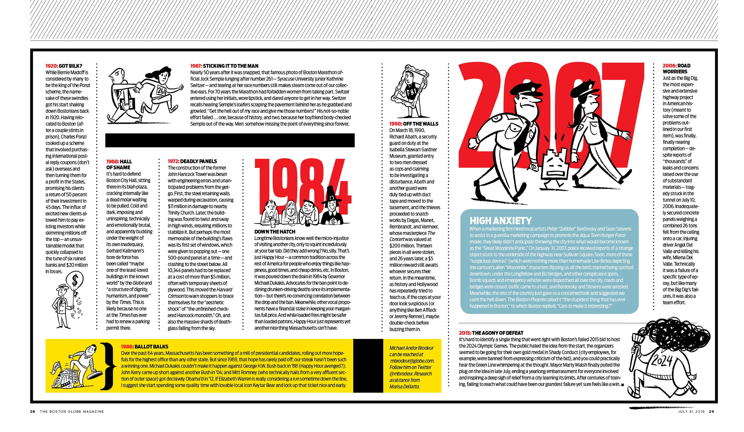 illustrations for 'oops! 400 years of failure,' the boston globe magazine july 31 2016.