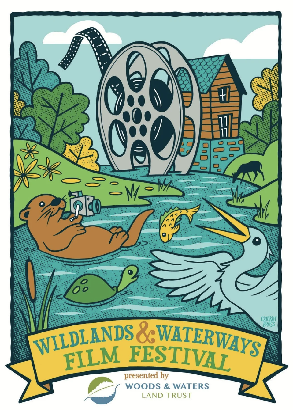 Film festival poster showing an floating in a river with a video camera.