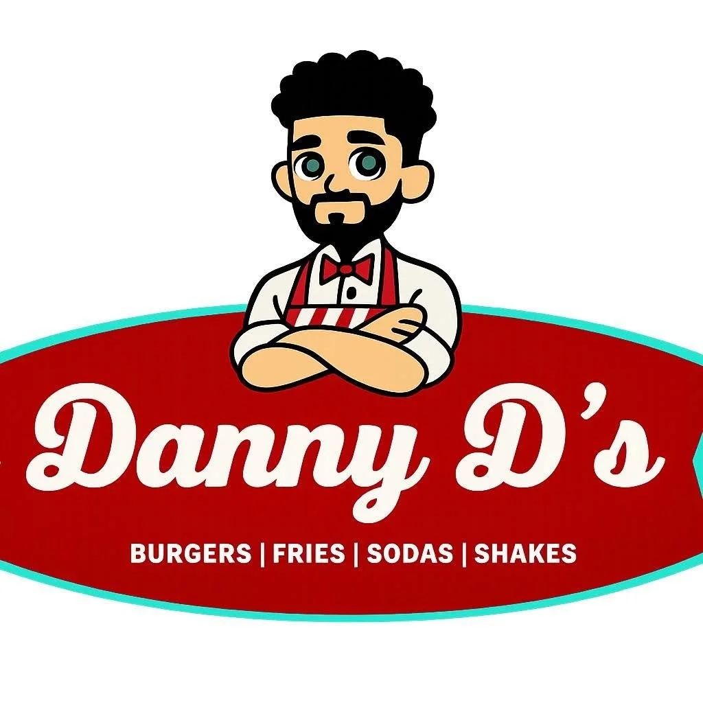 Logo for Dany D's restaurant with a cartoon man wearing a white shirt, red bow tie, and an apron, standing with arms crossed