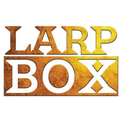 Logo with the text 'LARP' above and 'BOX' below, separated by a horizontal line, with a wood texture and yellow-orange coloring.