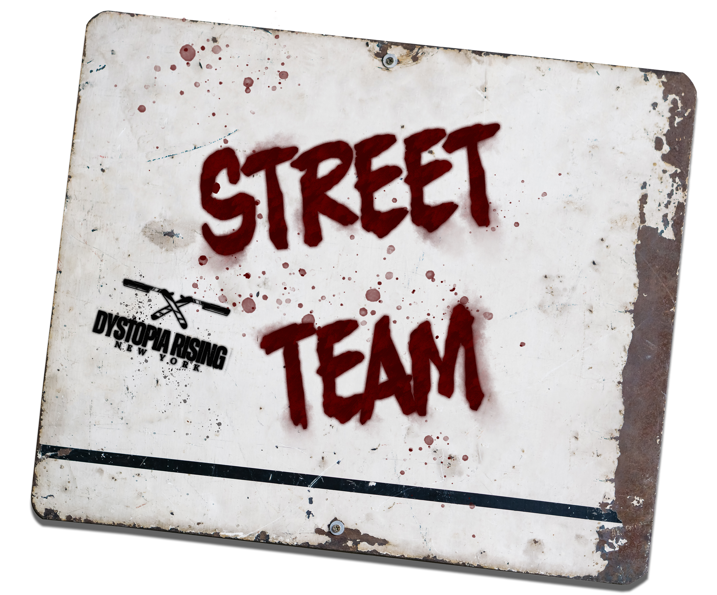 A worn and weathered metal street sign with a white background and red graffiti that reads 'STREET' in large, uneven letters. The sign has scratches, rust, and paint splatters, giving it a distressed appearance. Part of additional text with a black helicopter illustration and the words 'DYSTOPIA RISING' can be seen at the bottom left corner.