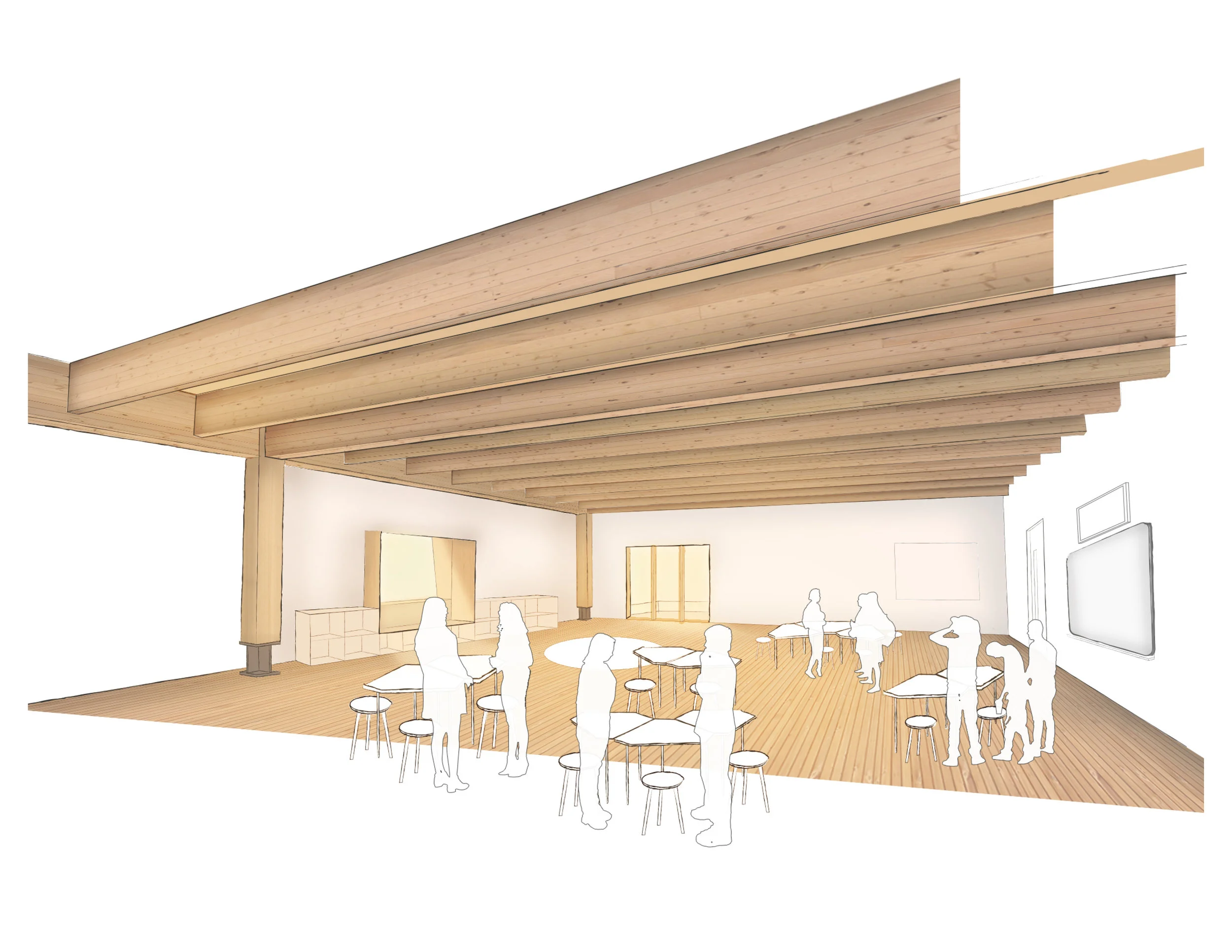 Typical classroom interior finishing , expressing structure and different layers of building construction to allow students to discover and learn from.