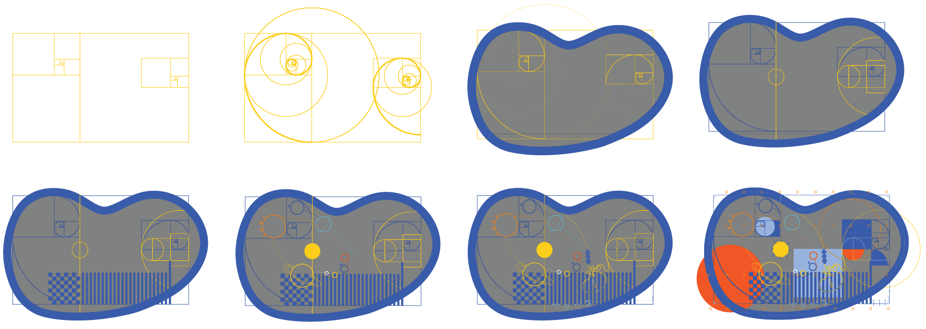 Painting sequence of the learning island, showing the underlying construction lines governing the design using golden rectangles and circles.