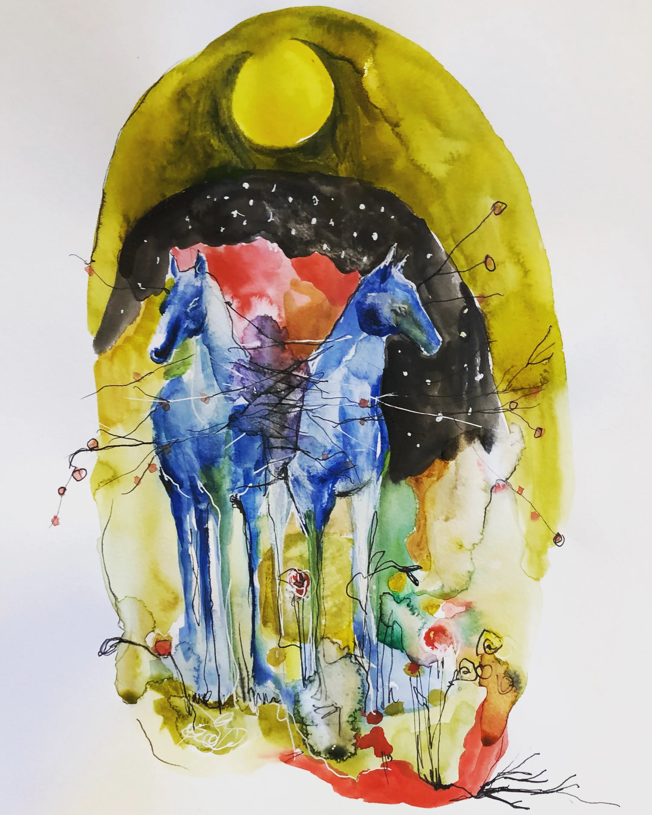 "Blue Horses" Ink on Paper (2021)