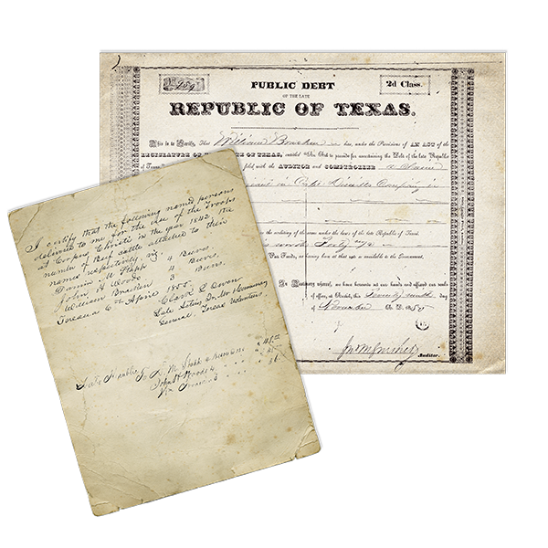 Bill of Sale for cattle to the Republic of Texas and document of service in the War for Independence.