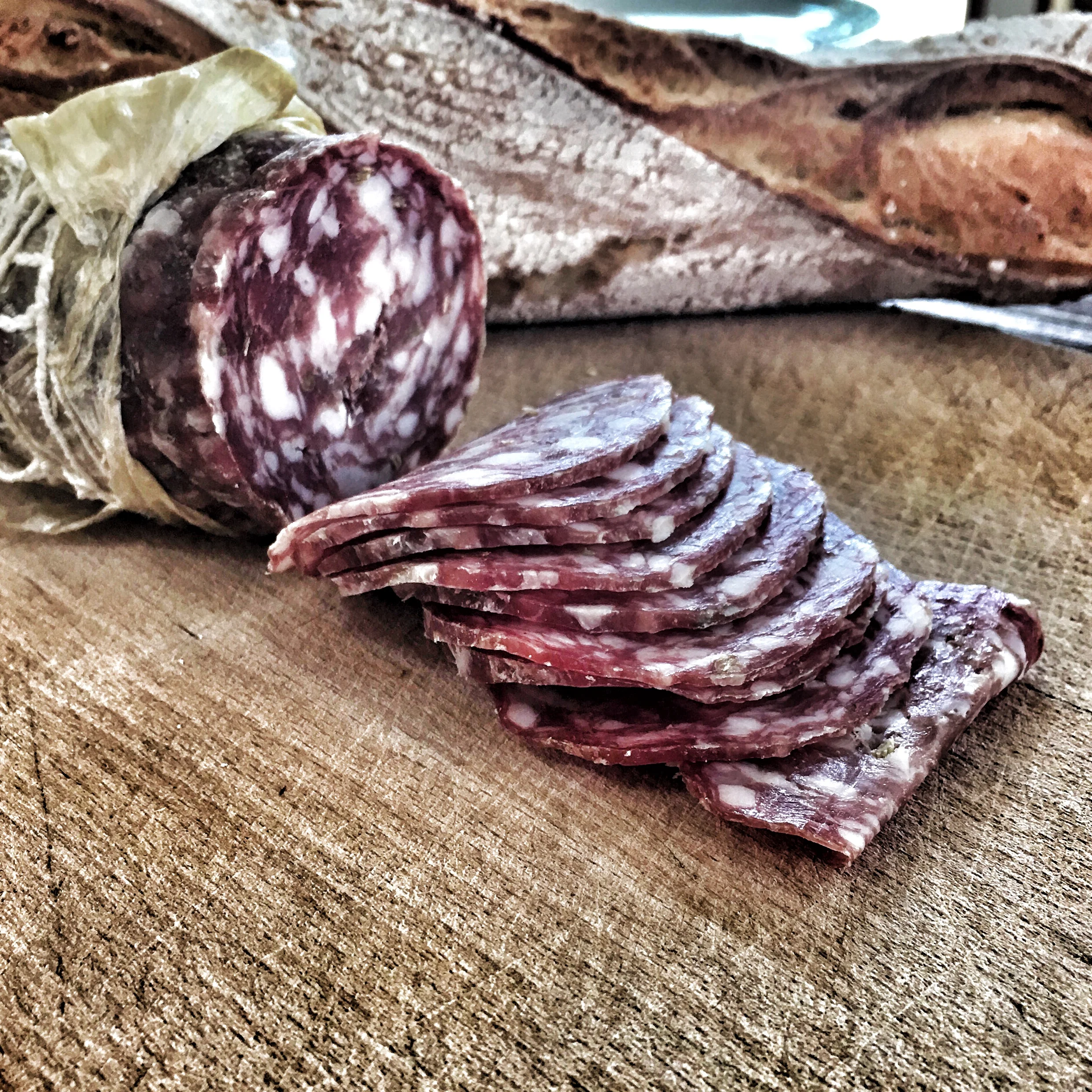 Sliced salami for breakfast.