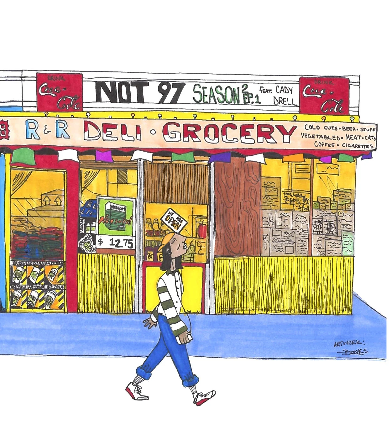 Artwork for NOT97's Season 2 Episode 1 feat. Cady Drell Ink & marker on paper 8.5" x 11" NOT97 is a home for discovering new music from talented, under-the-radar artists around the world. On each episode, three hosts and a guest meet around a table at Only NY to discuss fresh music found in the depths of the Internet. They present two tracks each, released in the last six to eight months from artists with under ten thousand followers. Discourse and context round out each show, as the team breaks down what they hear and what each sound means to them.