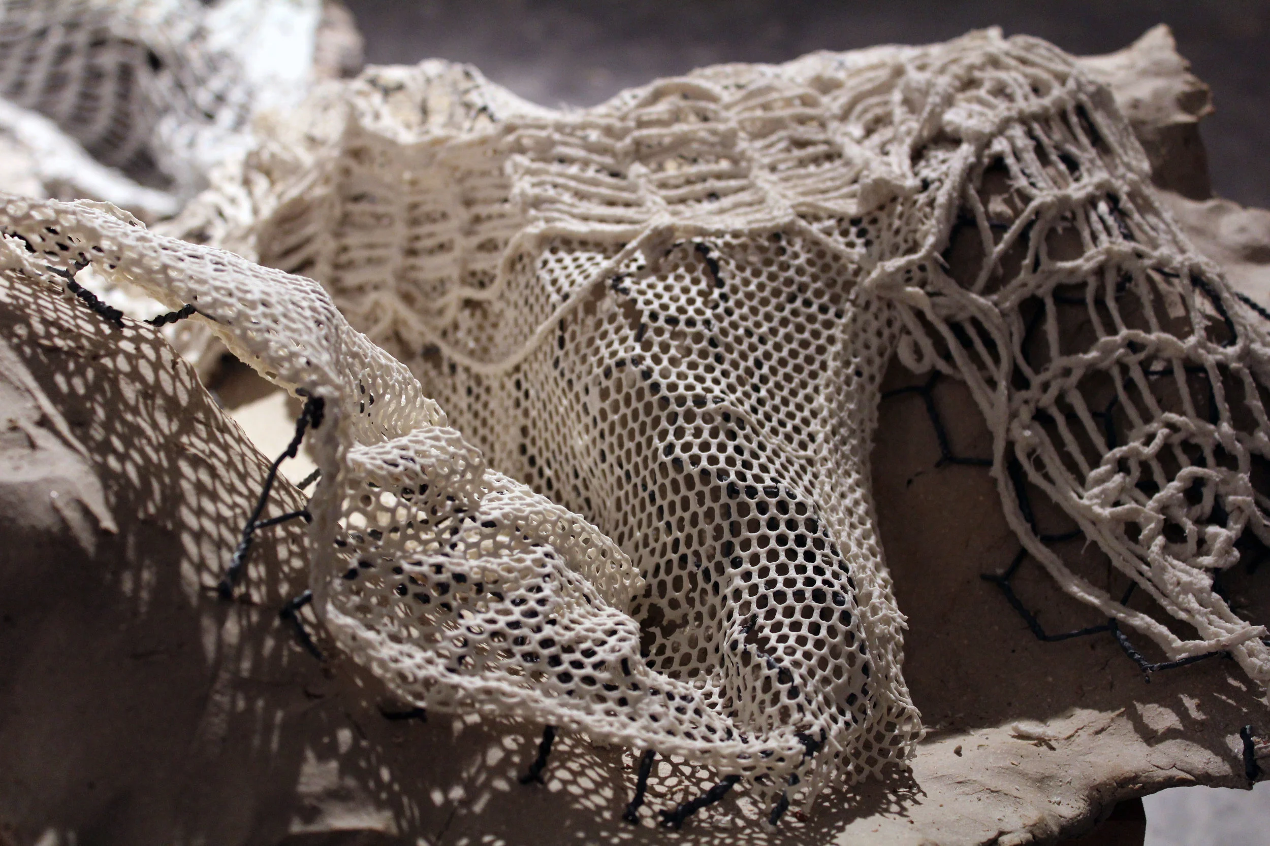  2015  /  fabric porcelain burnout, wire mesh, mixed reclaim clay  /  10” x 12” x 14”  