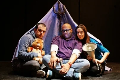 You are in an open field, New York Neo-Futurists. Pictured here with Adam Smith, Teddy Ruxpin, and Marta Rainer. NYC, 2012