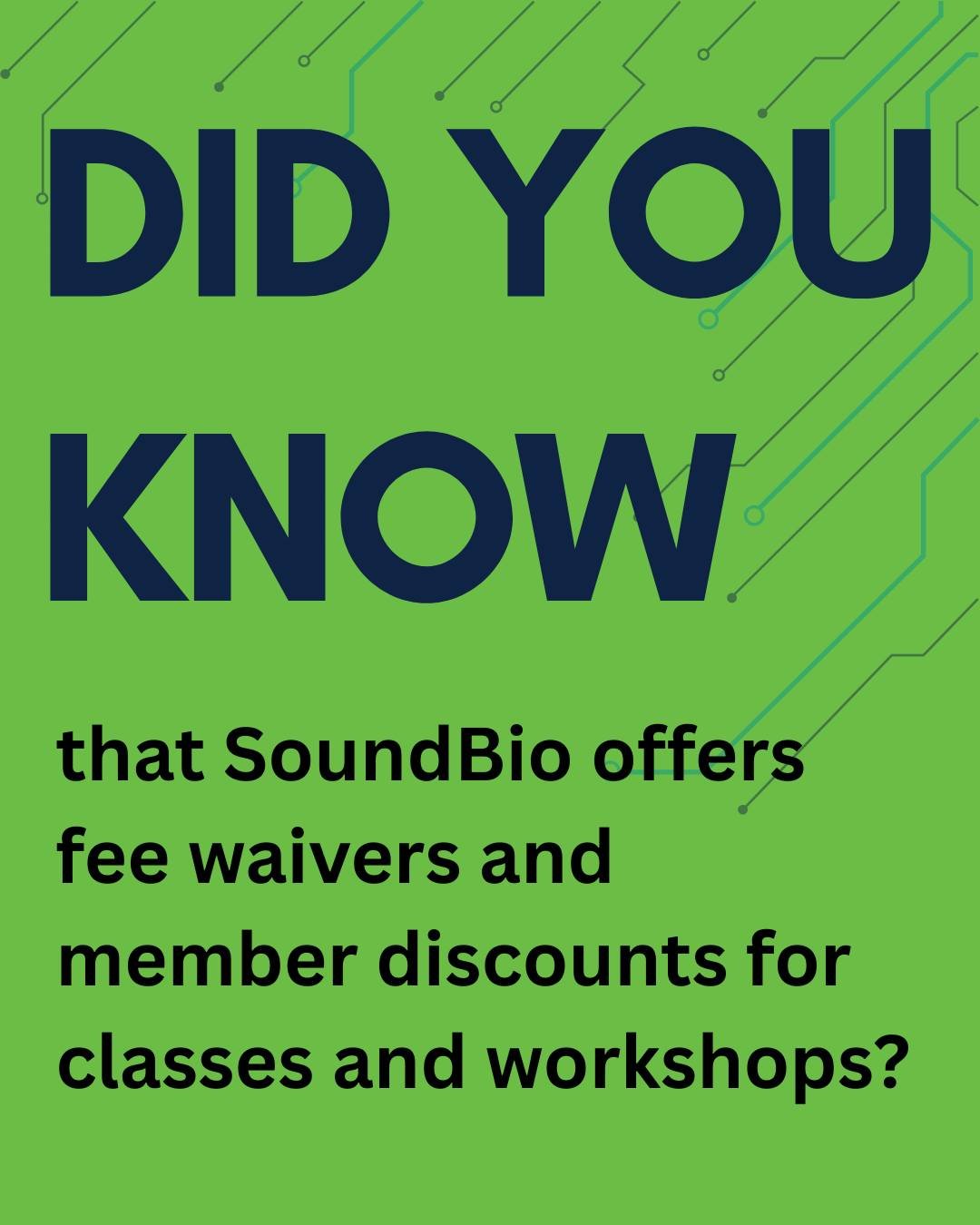 SoundBio is focused on increasing access to hands-on science learning. So, if cost is an issue, request a fee waiver. Also, if you're a lab member, you receive huge discounts on classes and workshops.