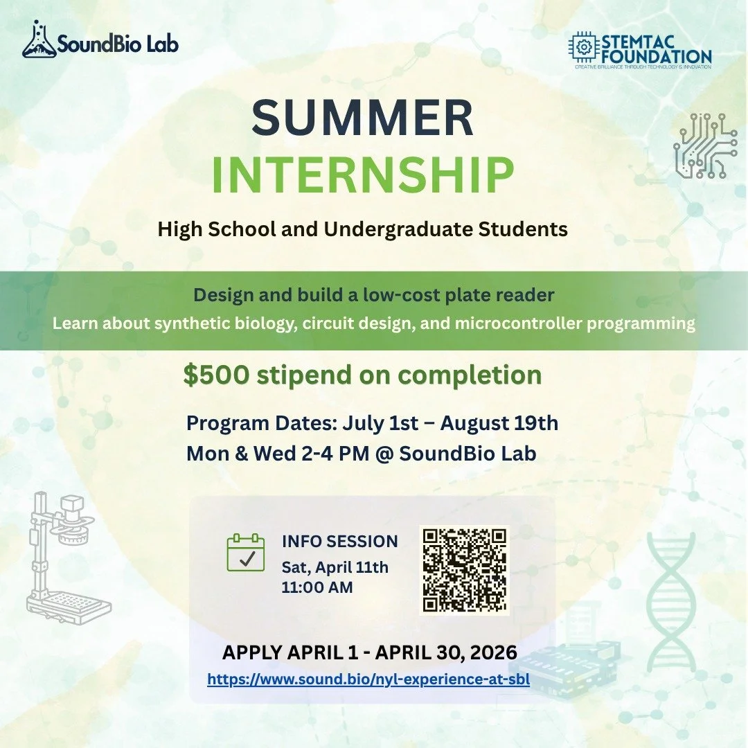 🔬 Exciting Summer Opportunity! 🌟

High school &amp; college students&mdash;want to build your own plate reader and dive into bioengineering? Join the National Youth Laboratory Summer Internship with SoundBio Lab &amp; Stemtac Foundation! 🧪

👉 Vir