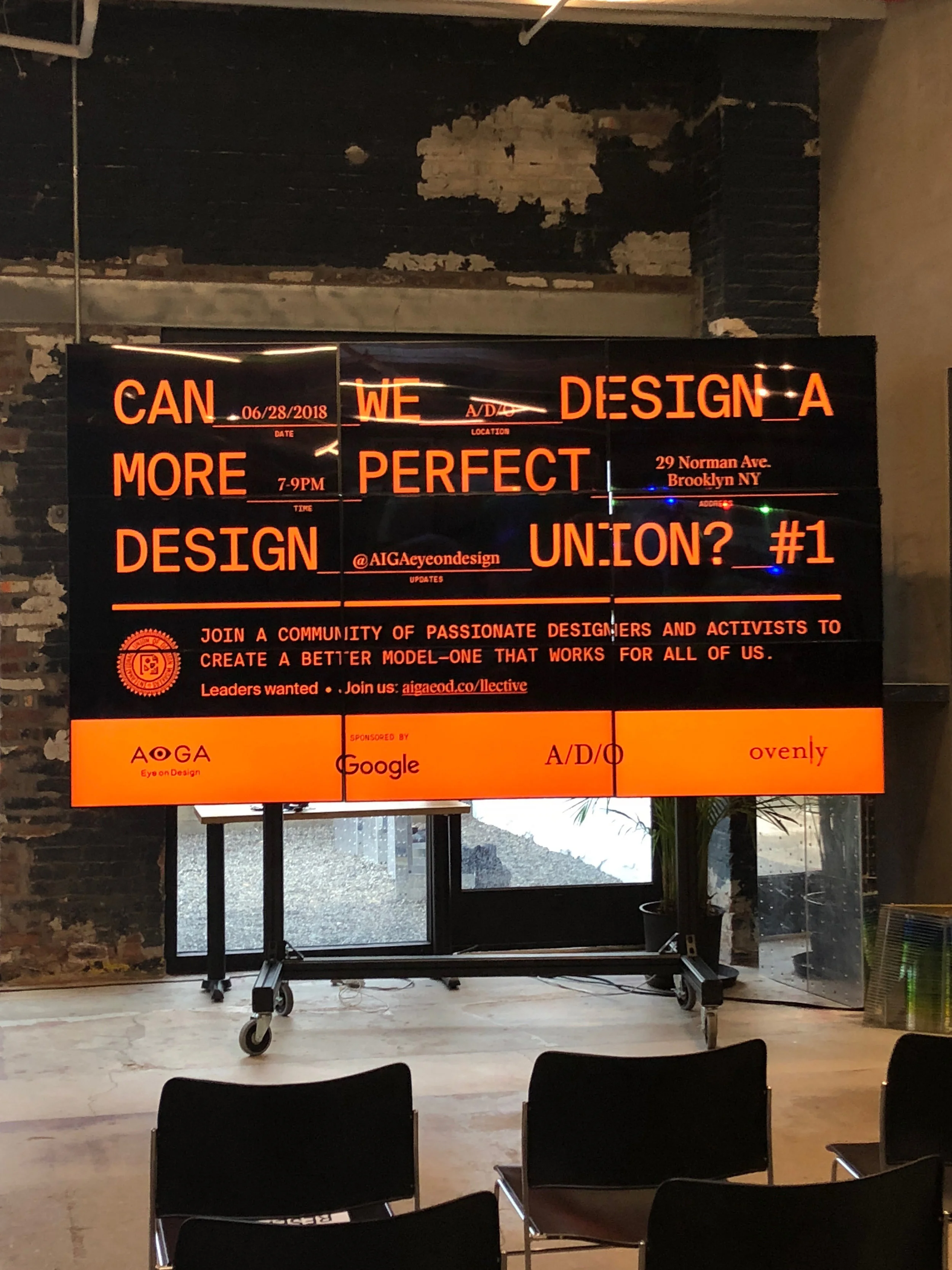 Graphics for Can we Design a More Successful Design Union? an event organised by AIGA Eye on Design on June 28, 2018. Stamp illustration by Erik Carter .
