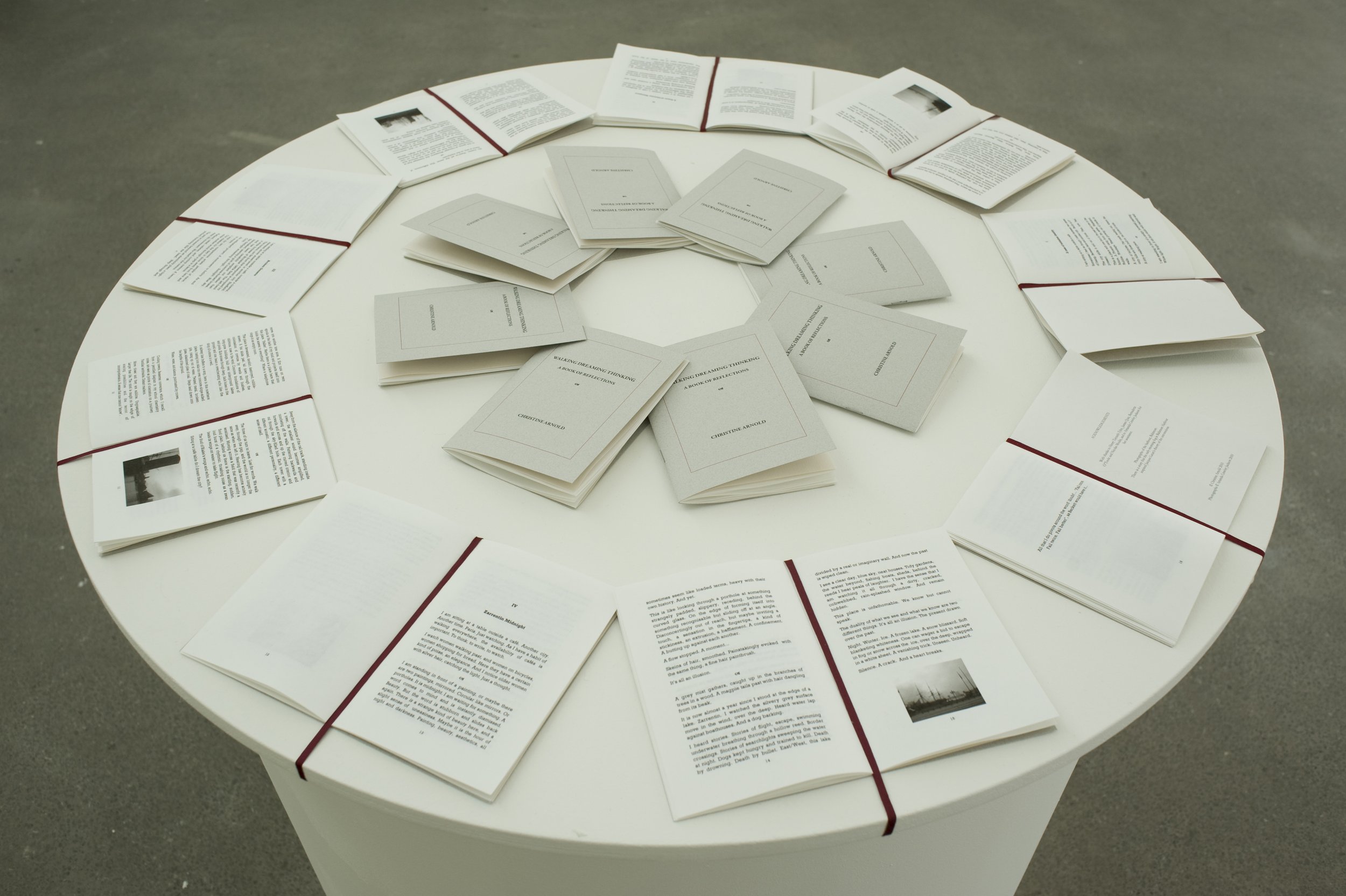  Image of circular plinth displaying Christine Arnold’s book,  Walking, Dreaming, Thinking: A Book of Reflections.   