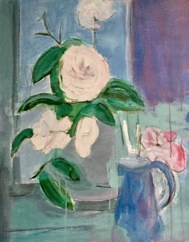 WHITE ROSES OIL ON BOARD 29” X 23” SOLD
