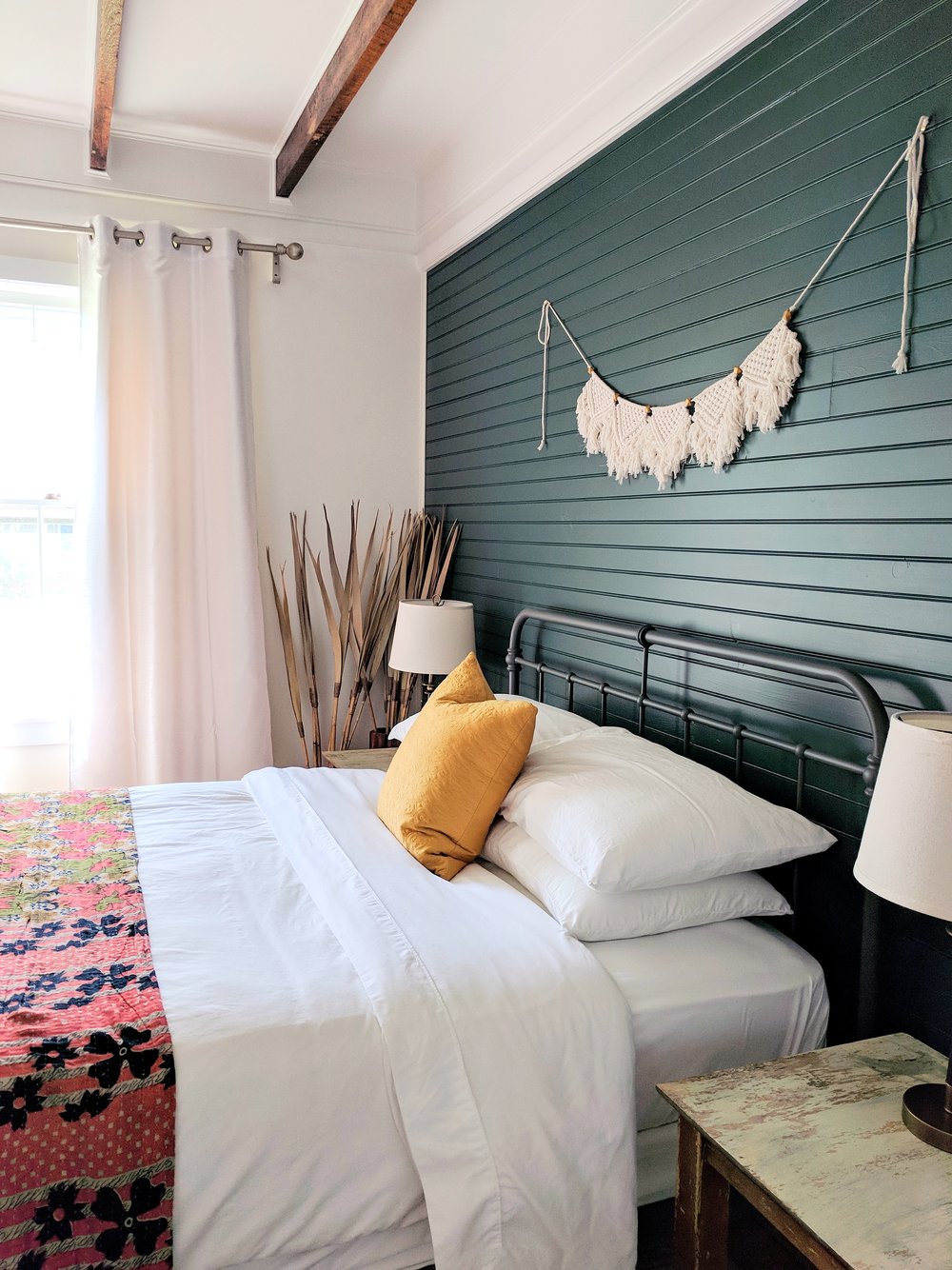 Bohemian Modern Airbnb Guest Bedroom, Shiplap Bed Frame