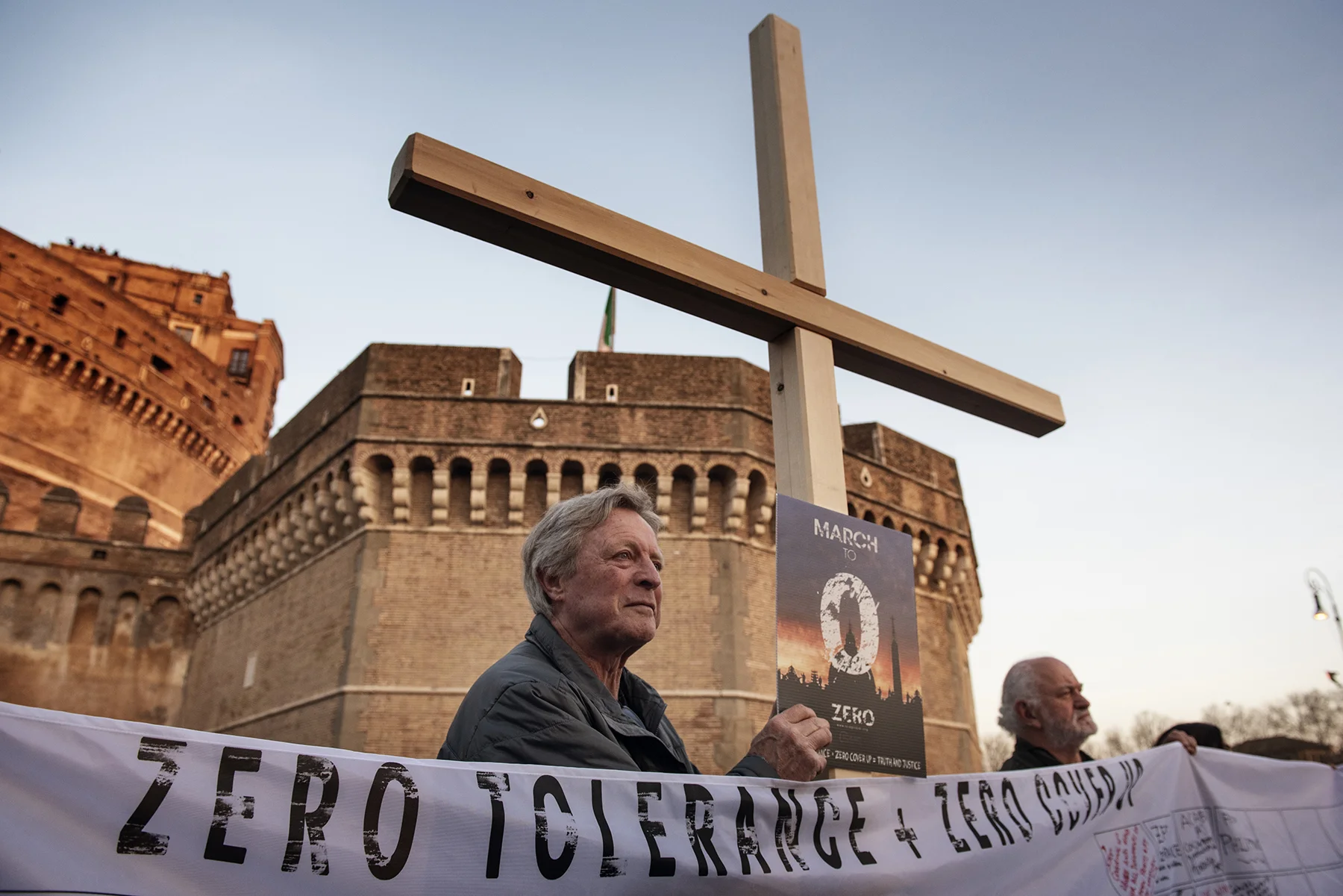 Members of Ending Clergy Abuse (ECA), an organisation of survivors and activists who are organising in Rome a series of events during the papal summit on the sex abuse crisis within the Catholic Church, take part in a protest gathering on February 21, 2019 by the Castel Sant'Angelo in Rome, Italy. Pope Francis opened a historic summit meeting at the Vatican on Thursday devoted to clerical child sex abuse, gathering 190 leaders of the Roman Catholic Church tackling the wave of abuse scandals assailing the Vatican.
