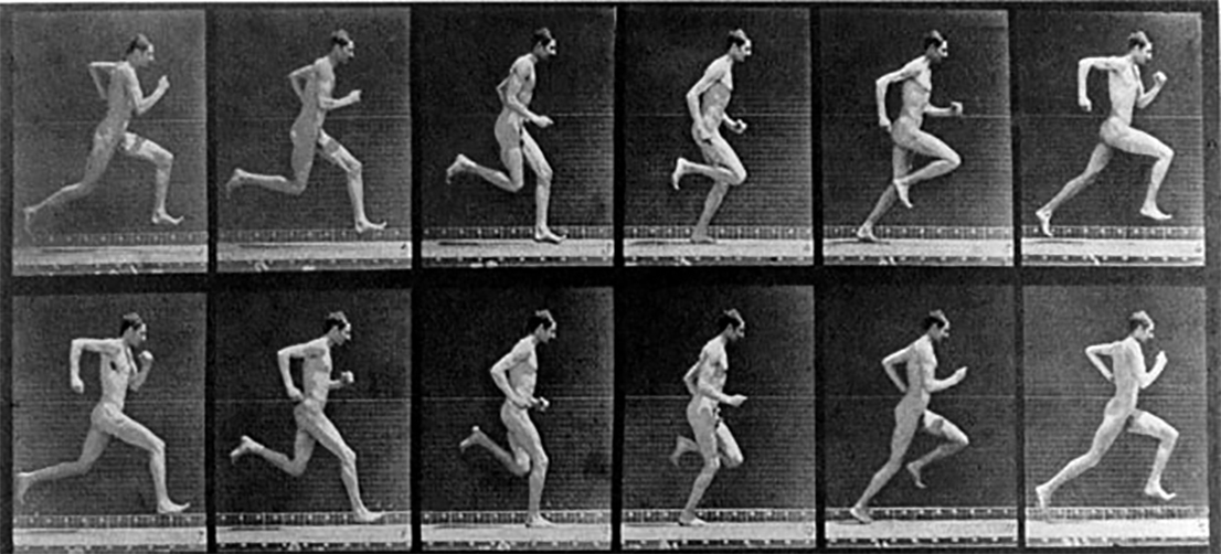 Eadweard Muybridge's pioneering photographs of a human male running. (https://thebioscope.net/2010/09/22/the-running-man/)