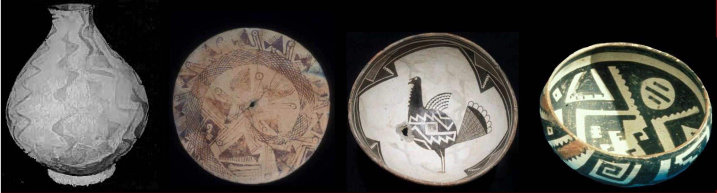 Examples of contemporaneous pottery associated with Patayan, Hohokam, Mogollon, and Ancestral Pueblo Native Americans. Distinct material culture does not rule out relatedness among populations. Pottery courtesy of the BLM, Arizona State Museum, and Amerind Foundation Museum; photo from www.oldpueblo.org.