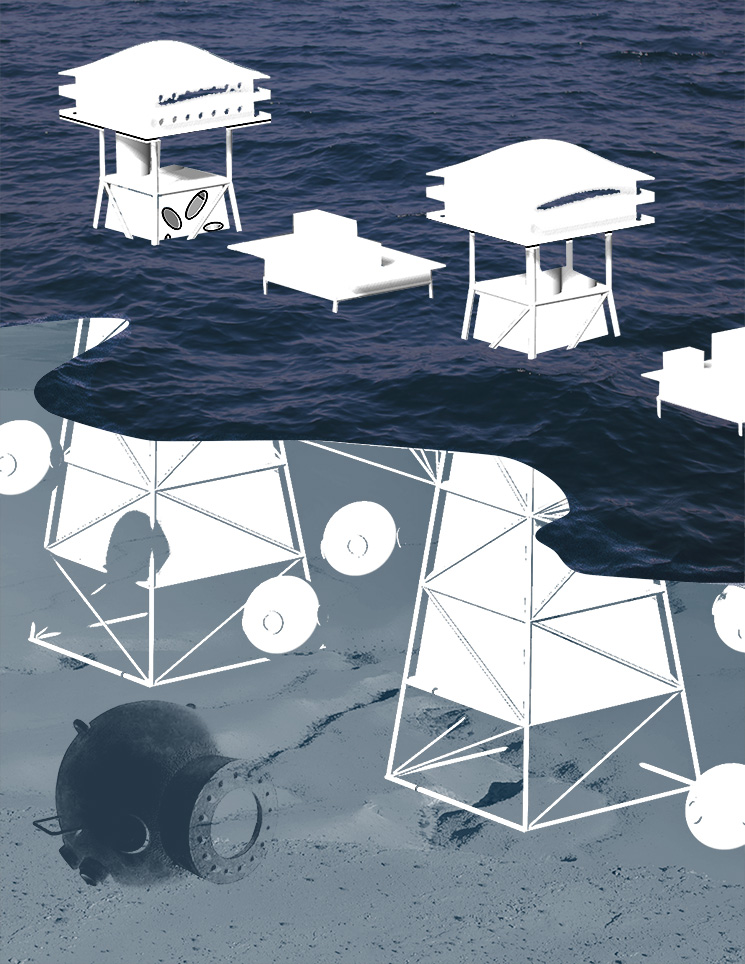 Life on the water soon leads to life in the water. The subterranean becomes the ‘subaquean’ and we begin to inhabit the scaffolding below the surface, a space of muted sounds, dimmed light, and climatic stability. As the sea rises to engulf our