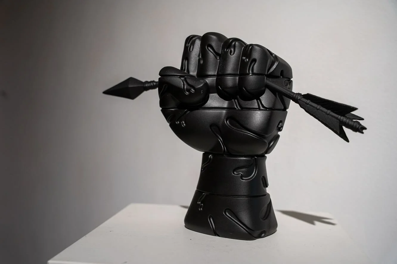 This wonderful resin sculpture entitled &ldquo;Hiii Power&rdquo; by @johnnydraco_ is now on exhibit for our OBJECTS show and available DM @kailinart 🔌🔋✊