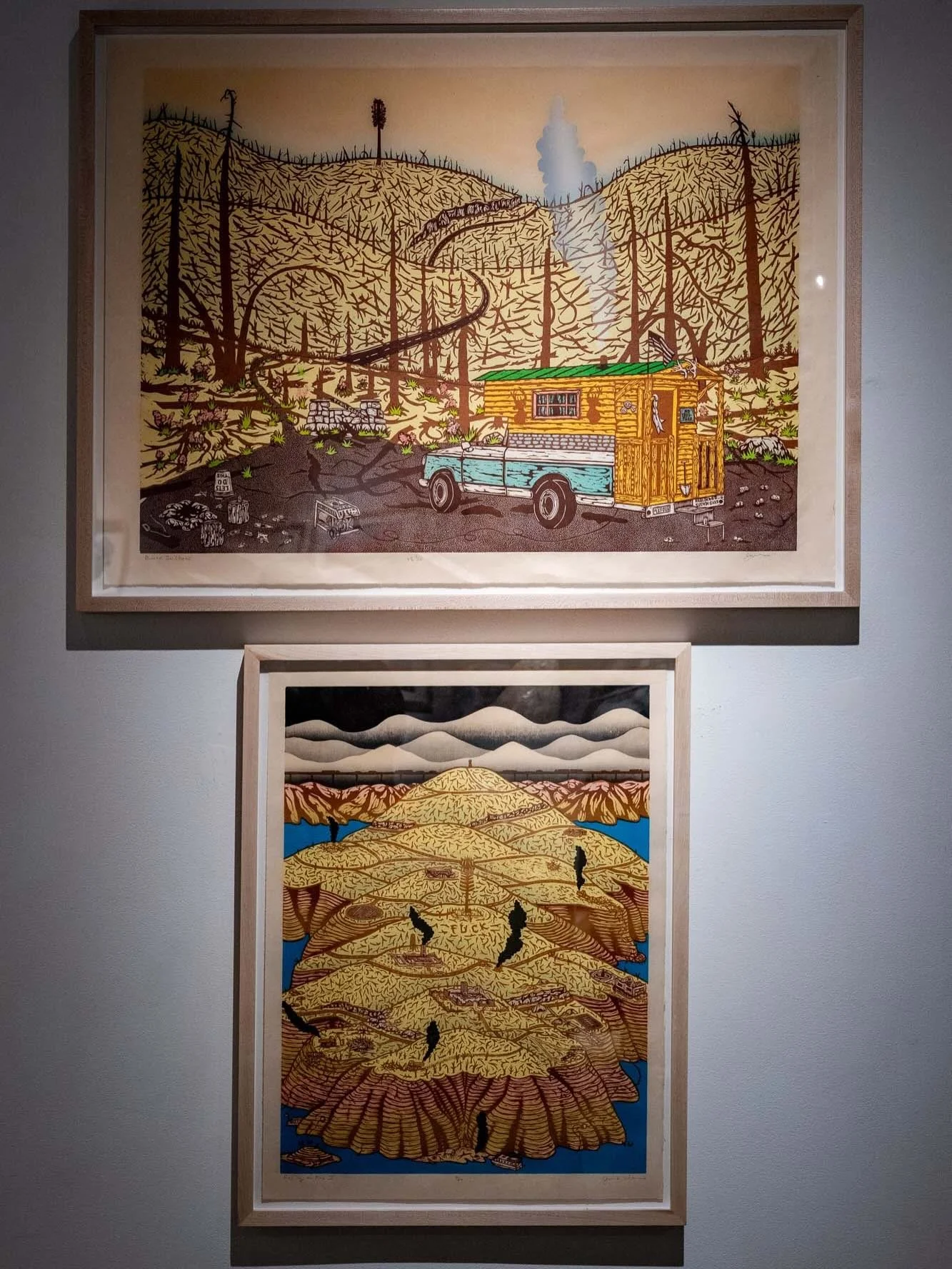 Currently on exhibition for The New South 7 : @winkjosh 

T  Josh Winkler  Burned Trailhead  color woodcut 26&rdquo;x32&rdquo;
B  Josh Winkler  Pissing on Fire II  color woodcut 24&rdquo;x18&rdquo;

Available DM @kailinart