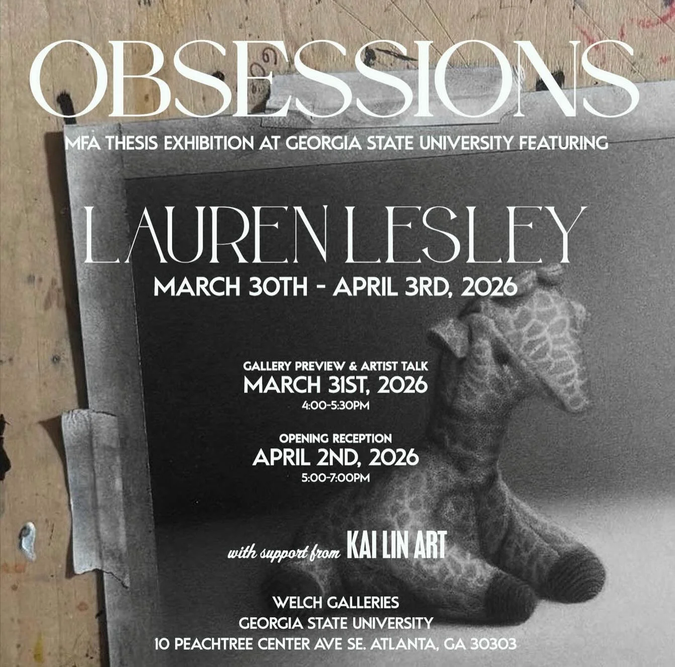 OBSESSIONS
A solo exhibition at Georgia State University of Lauren Lesley 

March 30th - April 3rd, 2026
Gallery 130, 10 Peachtree Center Ave SE, Atlanta, GA 30303 

@doodledrawing 

Collectors Preview/Artist Talk:
March 31st, 2026 (4:00-5:30PM)
Open