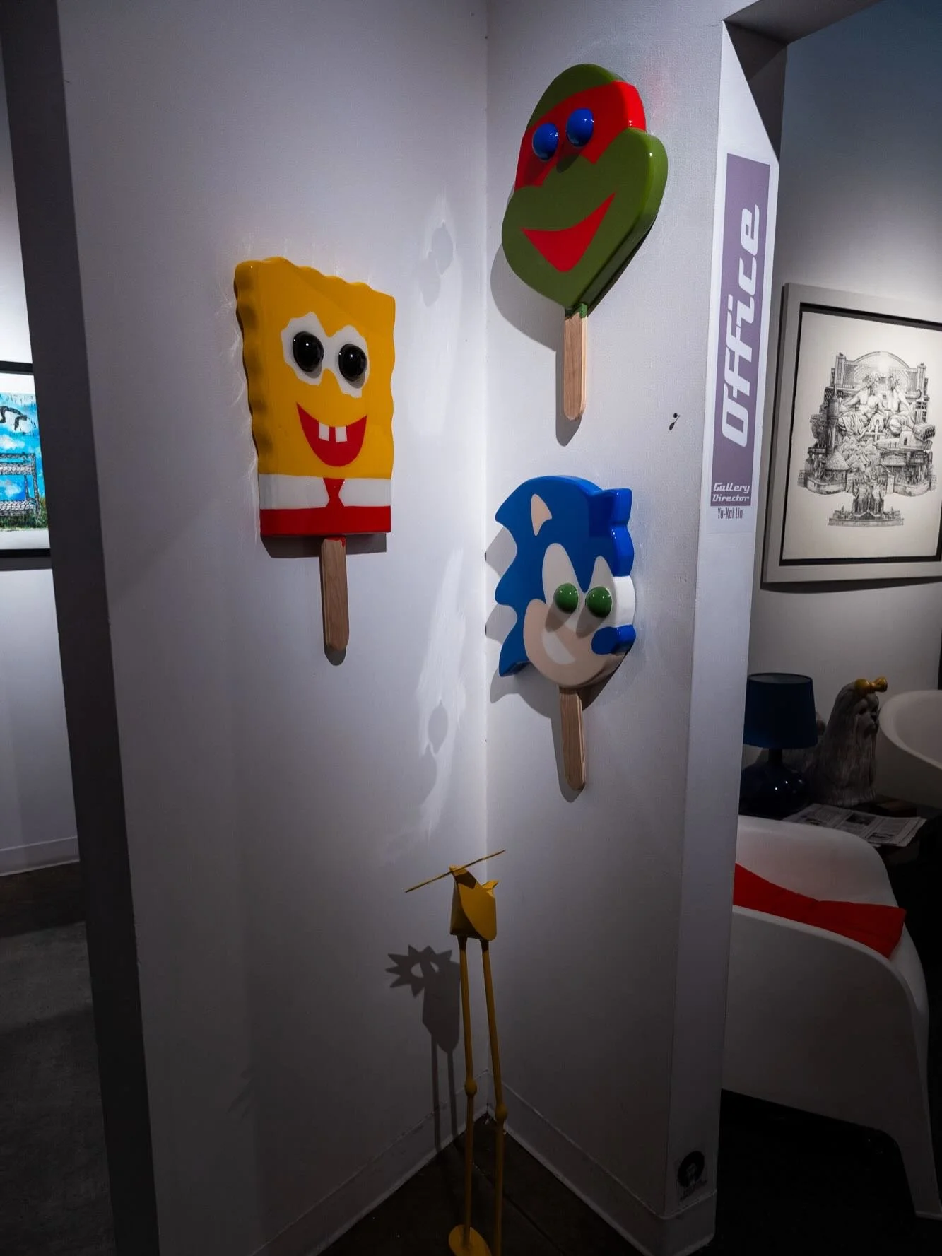Why have one when you can have three #lollipop🍭 @lowkey_lyss for #play @kailinart now on exhibition 

  Lowkey  SpongeBob Popsicle  Wood, Acrylic Paint, Resin 11x23&rdquo; 
  Lowkey  Raphael Popsicle Wood, Acrylic Paint, Resin 15x21&rdquo; 
  Lowkey