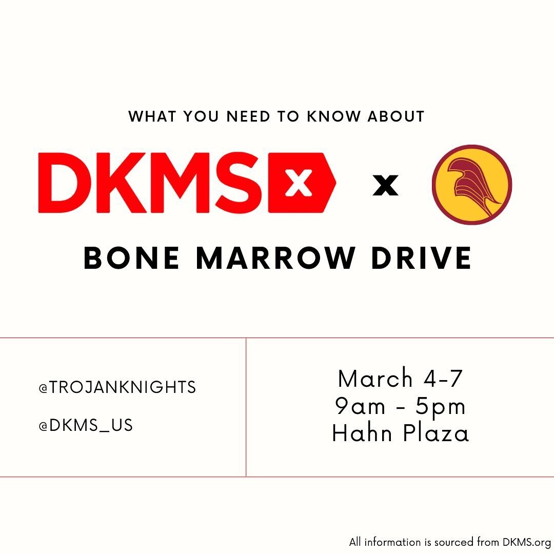 The @trojanknights x @dkms_us annual bone marrow drive is happening next week! Swing by our tent located next to Tommy Trojan and swab to help the fight against blood cancer. You might just get a treat! 🩸🧁