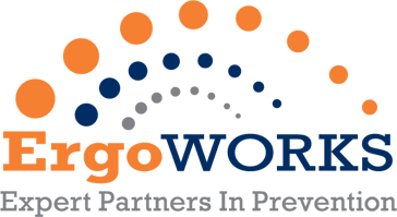 Logo for ErgoWORKS with orange and blue dots forming a semi-circle, and text reading 'ErgoWORKS' with the slogan 'Expert Partners In Prevention' below.