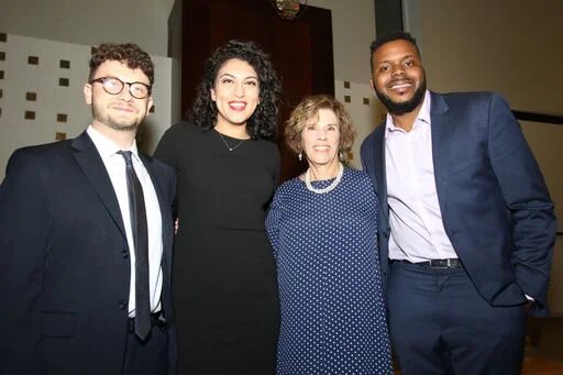 Social Justice fellows Jacob Plitman, Rachel Sumekh and Michael D. Tubbs, with Joan Beerman