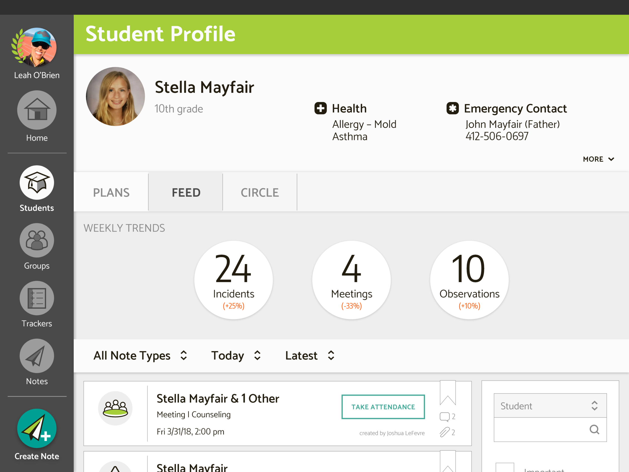 Student profile mock-up