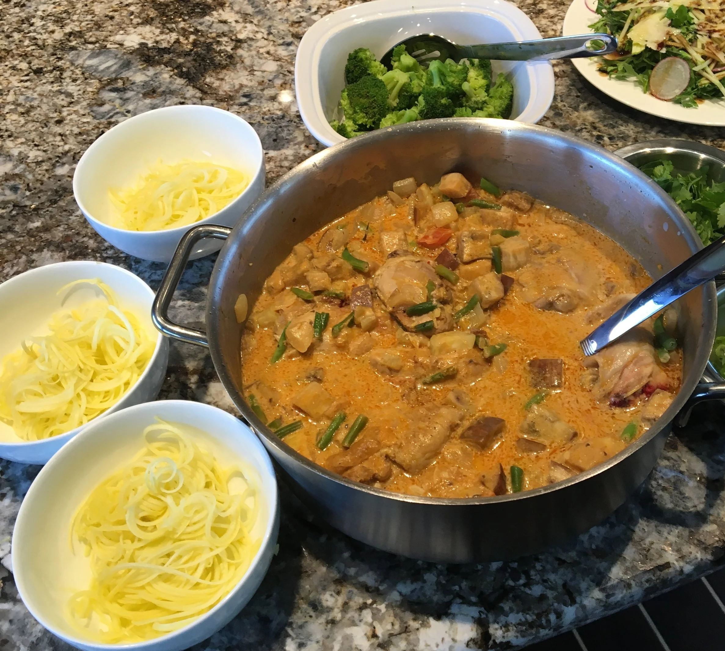 Laksa-style. Using the raw summer squash noodles in the bowl.