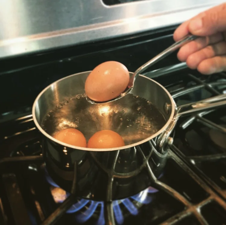 You can see this is a gentle boil. Don't throw the eggs in there...be gentle to keep the shells intact.